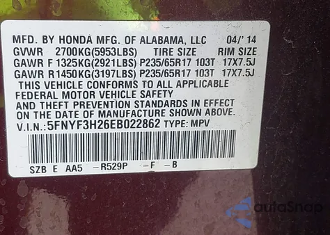 2014 Honda Pilot Lx z USA, uszkodzony, nr VIN 5FNYF3H26EB022862